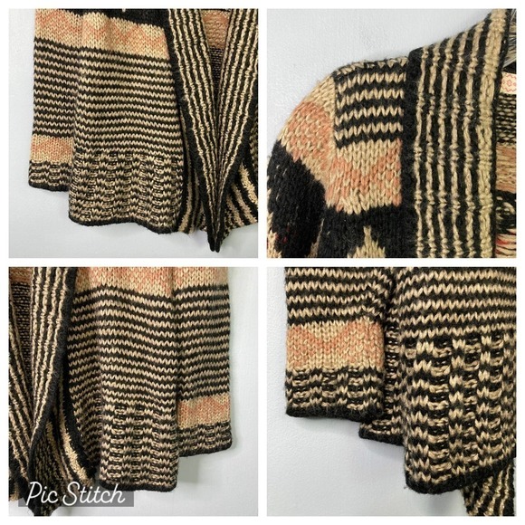 Pink Republic Southwestern Open Front Cardigan Knit Sweater Tan Red Black Size M - Picture 14 of 16